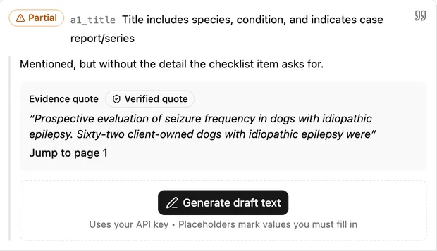 An expanded finding showing the verdict, the verbatim supporting quote from the manuscript, and whether that quote was located in the text.
